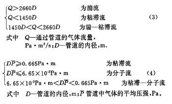 对于室温20℃空气，粘滞流、粘滞-分(fēn)子流和分(fēn)子流之间的判别式是（４）。